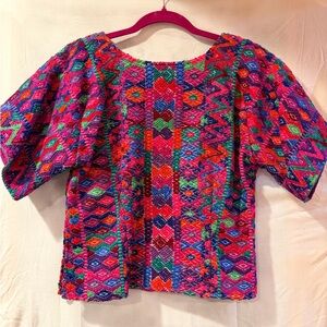 Handwoven Multicolor Huipil Top - Vibrant Pink & Jewel Tones